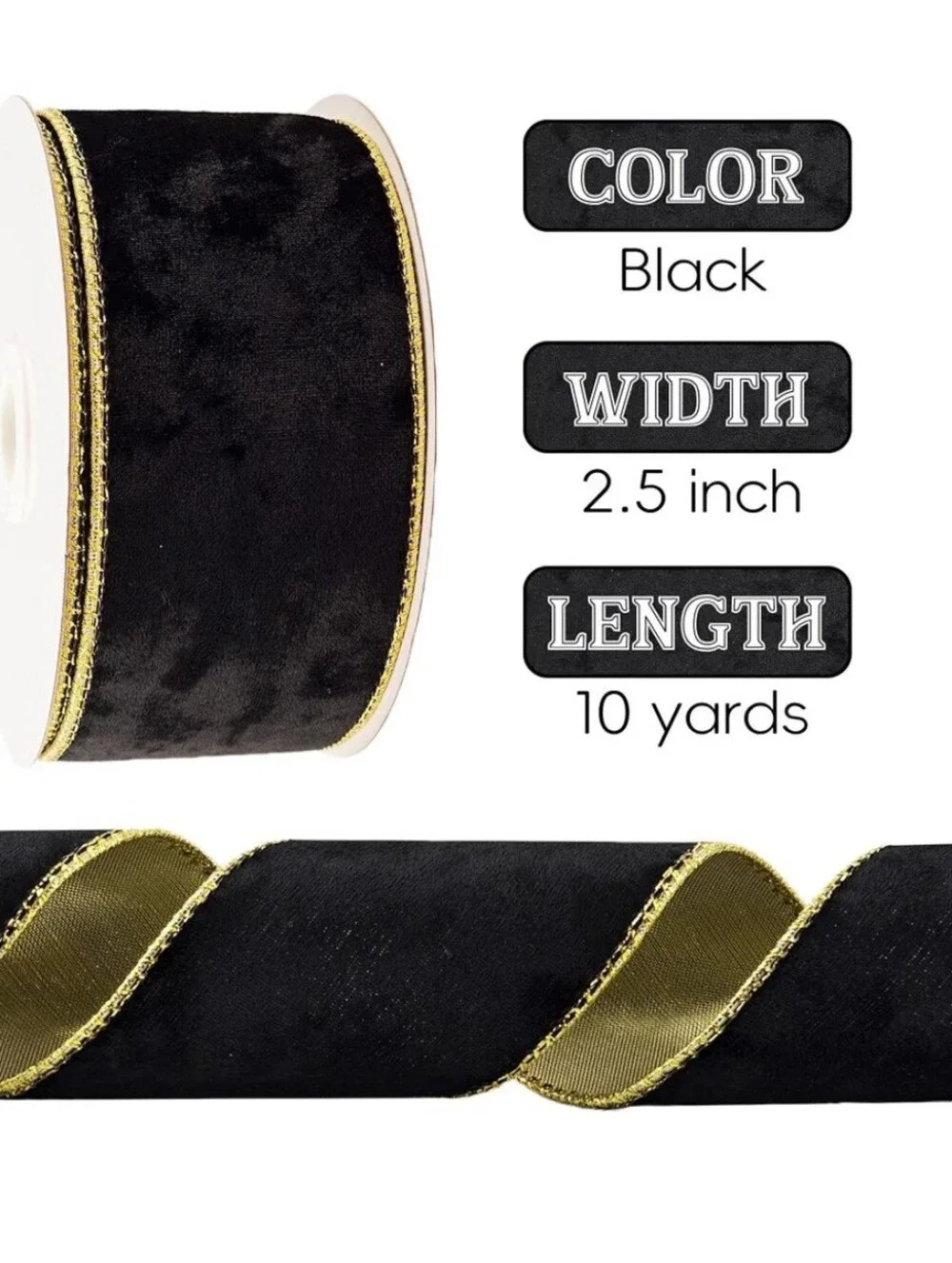 Black Velvet Ribbon with Gold Trim. 10 yards. NWT.